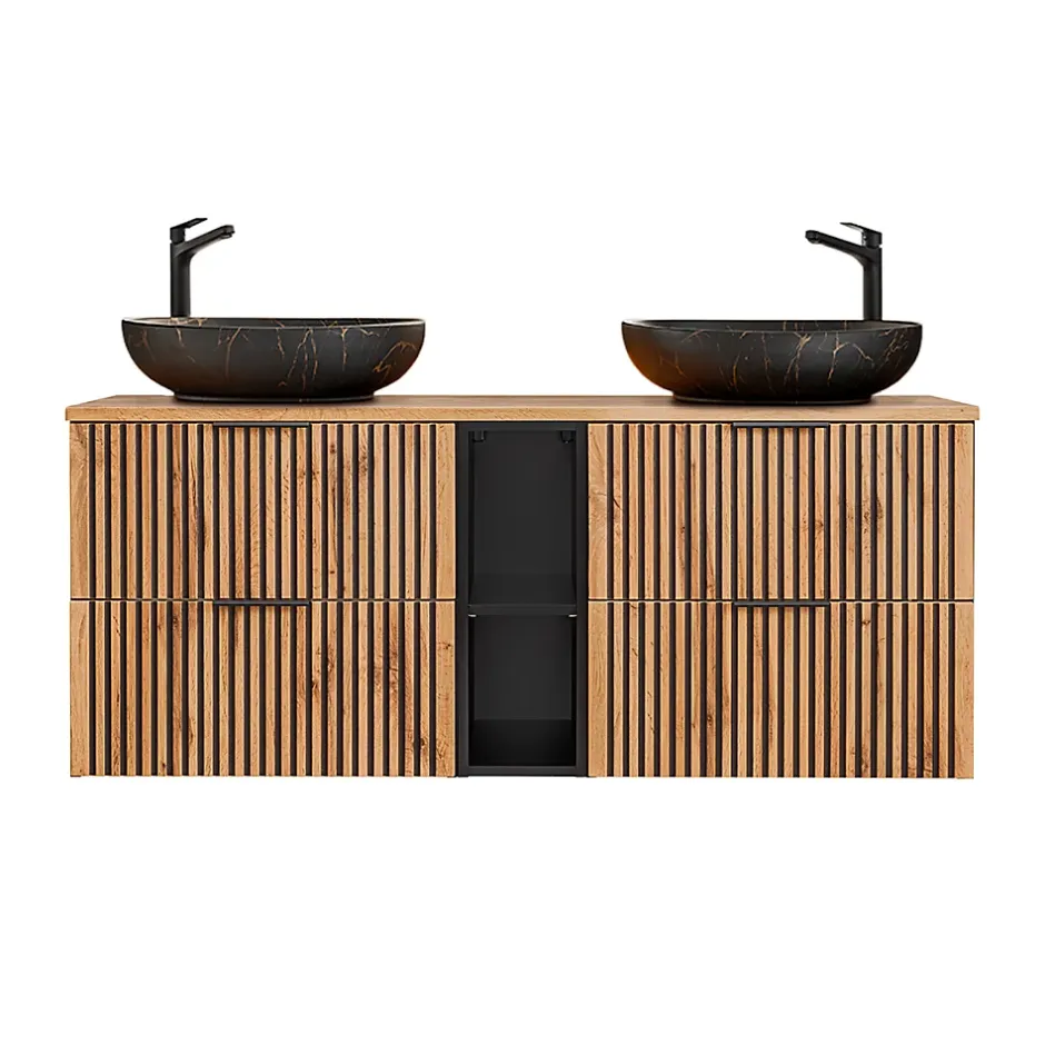 Petits-Meubles Ensemble meuble double vasque 140cm 2 niches et colonne Gaia Bois et Noir - Vasque Noir* Ensemble Meuble De Salle De Bains