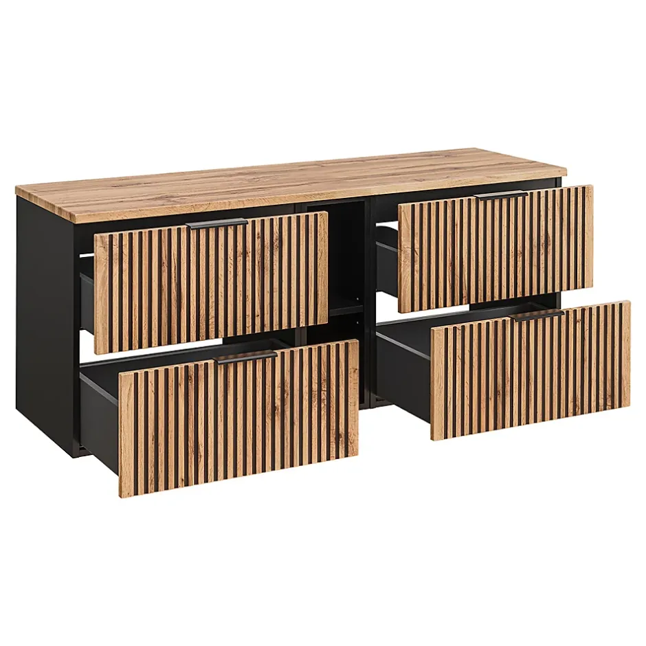Petits-Meubles Ensemble meuble double vasque 140cm 2 niches et colonne Gaia Bois et Noir - Vasque Noir* Ensemble Meuble De Salle De Bains