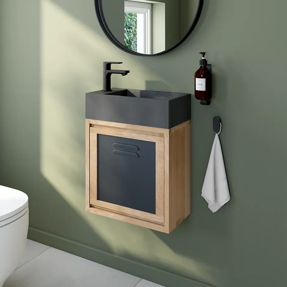 Homesight Ensemble meuble lave-mains à suspendre Indus chêne massif l.44 cm + plan vasque lave-mains béton gris* Lave-Mains