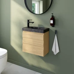 Homesight Ensemble meuble lave-mains Etty effet chêne l.44 cm + plan vasque lave-mains effet marbre noir