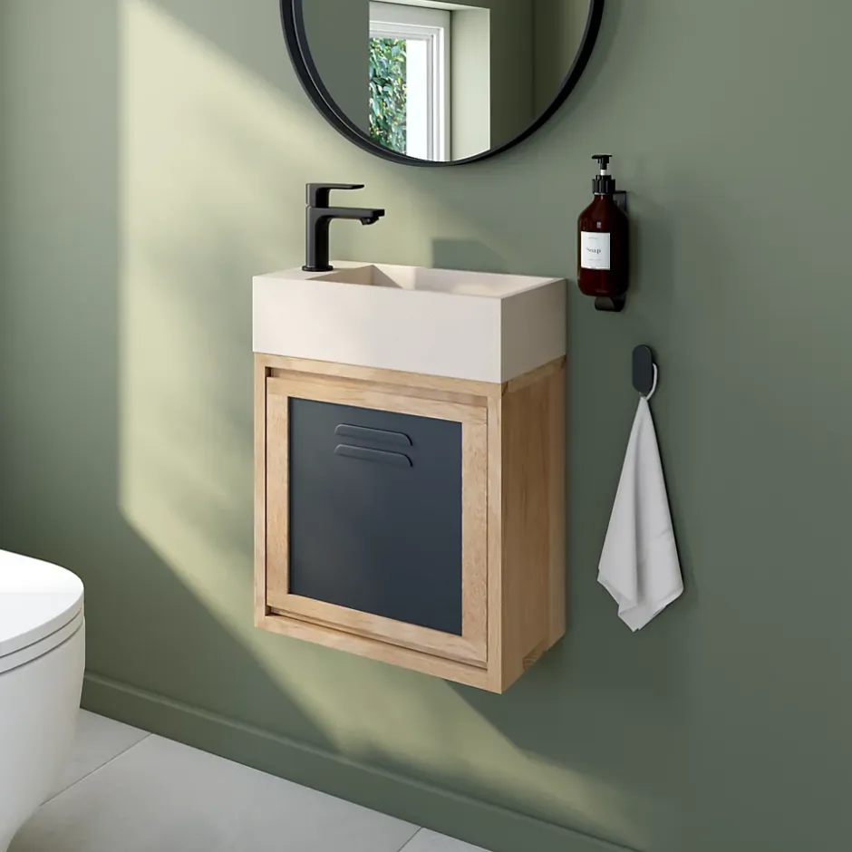Homesight Ensemble meuble lave-mains à suspendre Indus chêne massif l.44 cm + plan vasque lave-mains béton beige* Lave-Mains