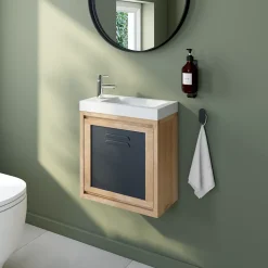 Cooke & Lewis Ensemble meuble lave-mains à suspendre Indus chêne massif l.44 cm + plan vasque lave-mains blanc en céramique Nira