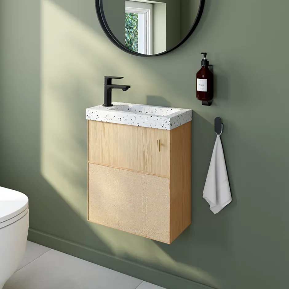 Homesight Ensemble meuble lave-mains Java effet chêne clair et jute l.44 cm + plan vasque lave-mains terrazzo* Lave-Mains