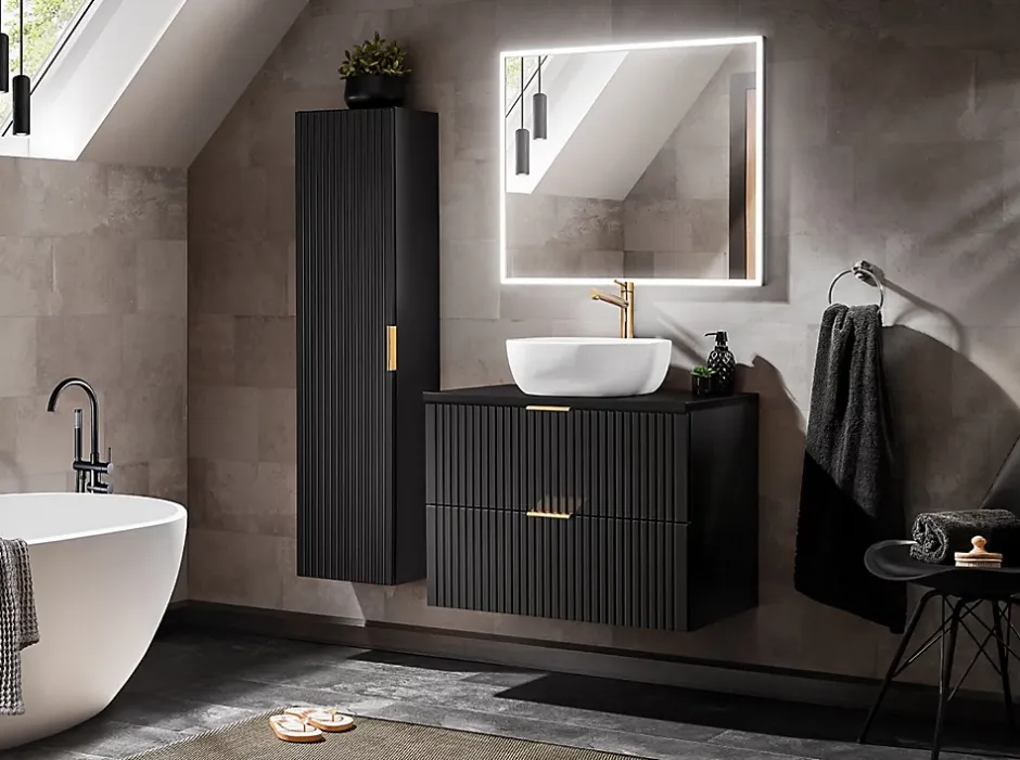 Furnidea Ensemble meuble lave-mains suspendu ADEL noir avec le lavabo FIKA 40 cm
