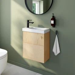Homesight Ensemble meuble lave-mains Java effet chêne clair et jute l.44 cm + plan vasque lave-mains blanc en céramique Nira