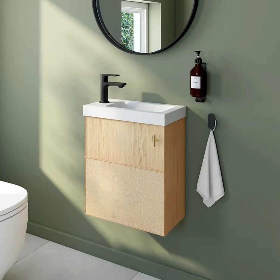 Homesight Ensemble meuble lave-mains Java effet chêne clair et jute l.44 cm + plan vasque lave-mains blanc en céramique Nira