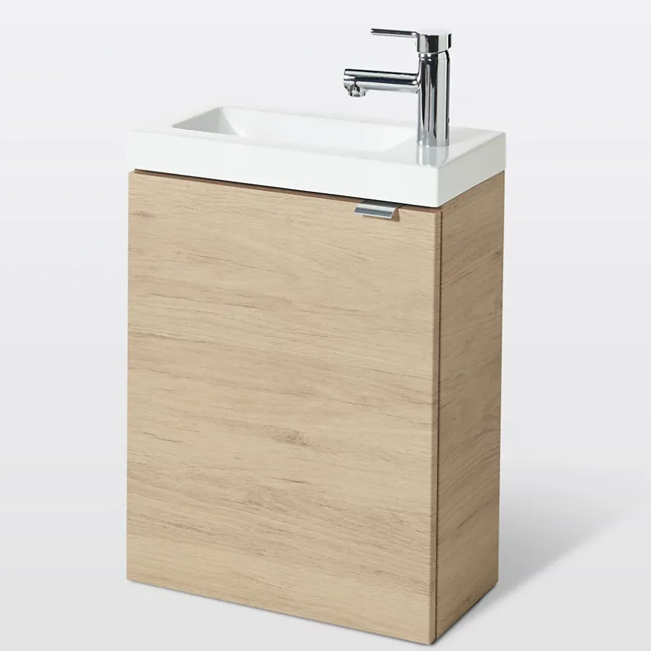GoodHome Ensemble meuble lave-mains Imandra effet chêne l.44 cm + plan vasque lave-mains blanc en céramique Nira