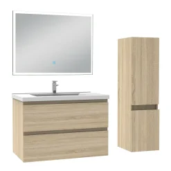 AICA Sanitaire Ensemble meuble Salle de Bain 80cm avec vasque et colonne et miroir lumineux 3 couleurs chêne wotan* Ensemble Meuble De Salle De Bains