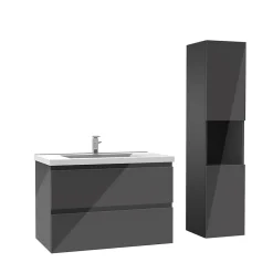 AICA Sanitaire Ensemble meuble salle de bain 80 cm anthracite brillant avec 2 tiroirs, lavabo céramique simple + colonne haute, suspendu* Ensemble Meuble De Salle De Bains