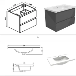 AICA Sanitaire Ensemble meuble salle de bain 80 cm anthracite brillant avec 2 tiroirs, lavabo céramique simple + colonne haute, suspendu* Ensemble Meuble De Salle De Bains