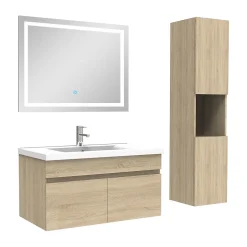 AICA Sanitaire Ensemble meuble salle de bain + vasque + miroir lumineux + colonne 80cm Chêne Wotan* Ensemble Meuble De Salle De Bains