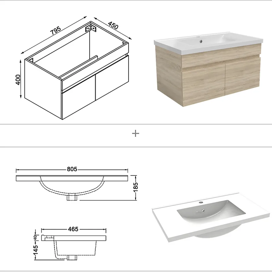 AICA Sanitaire Ensemble meuble salle de bain + vasque + miroir lumineux + colonne 80cm Chêne Wotan* Ensemble Meuble De Salle De Bains