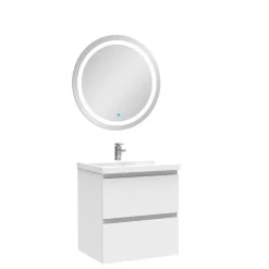 AICA Sanitaire Ensemble meuble Salle de Bain 50cm Blanc simple vasque + miroir lumineux rond* Ensemble Meuble De Salle De Bains