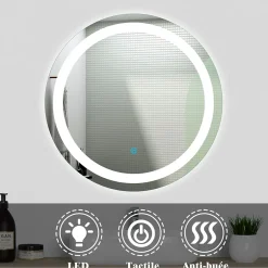 AICA Sanitaire Ensemble meuble Salle de Bain 50cm Blanc simple vasque + miroir lumineux rond* Ensemble Meuble De Salle De Bains
