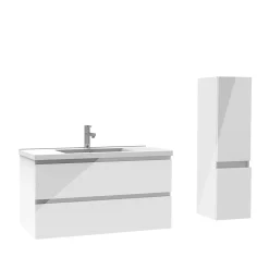 AICA Sanitaire Ensemble meuble salle de bain 100 cm blanc brillant avec 2 tiroirs, lavabo céramique simple + colonne, suspendu