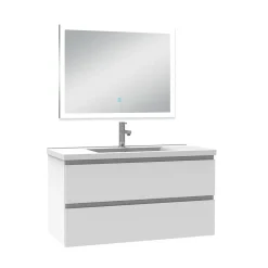 AICA Sanitaire Ensemble meuble Salle de Bain 100cm simple vasque et miroir lumineux 3 couleurs et dimmable blanc* Ensemble Meuble De Salle De Bains