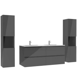 AICA Sanitaire Ensemble meuble salle de bain 120 cm anthracite brillant avec 4 tiroirs, double lavabo céramique + colonne haute x2, suspendu* Ensemble Meuble De Salle De Bains
