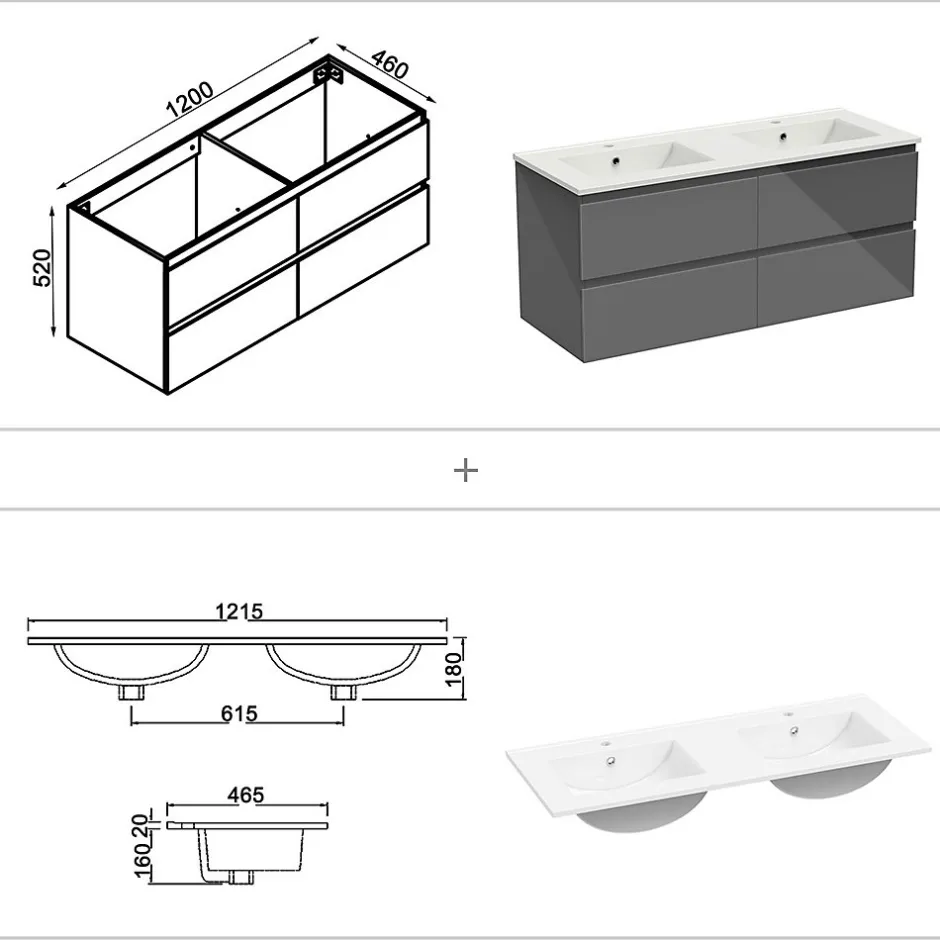 AICA Sanitaire Ensemble meuble salle de bain 120 cm anthracite brillant avec 4 tiroirs, double lavabo céramique + colonne haute x2, suspendu* Ensemble Meuble De Salle De Bains
