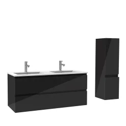 AICA Sanitaire Ensemble meuble salle de bain 120 cm noir brillant avec 4 tiroirs, double lavabo céramique + colonne, suspendu* Ensemble Meuble De Salle De Bains