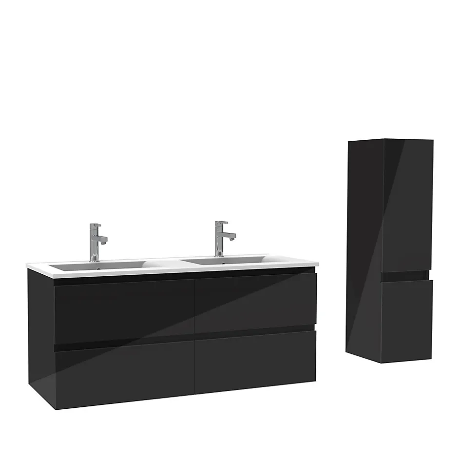 AICA Sanitaire Ensemble meuble salle de bain 120 cm noir brillant avec 4 tiroirs, double lavabo céramique + colonne, suspendu* Ensemble Meuble De Salle De Bains