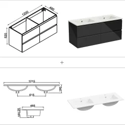 AICA Sanitaire Ensemble meuble salle de bain 120 cm noir brillant avec 4 tiroirs, double lavabo céramique + colonne, suspendu* Ensemble Meuble De Salle De Bains