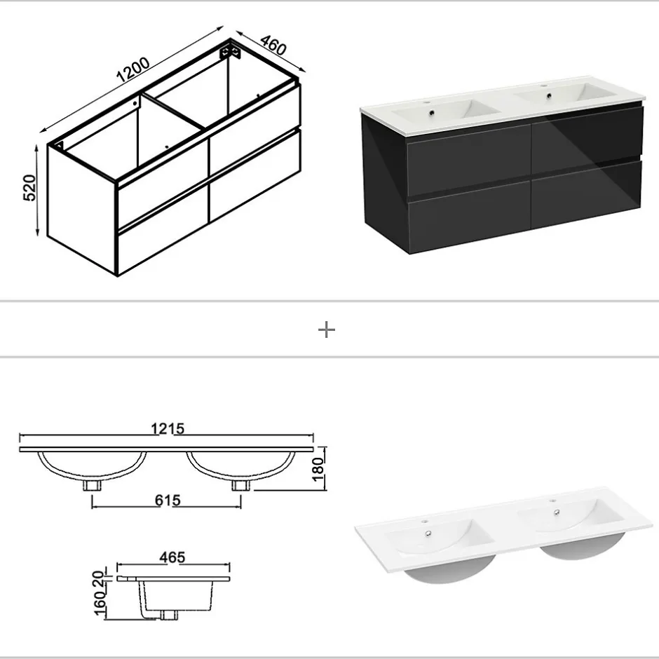 AICA Sanitaire Ensemble meuble salle de bain 120 cm noir brillant avec 4 tiroirs, double lavabo céramique + colonne, suspendu* Ensemble Meuble De Salle De Bains