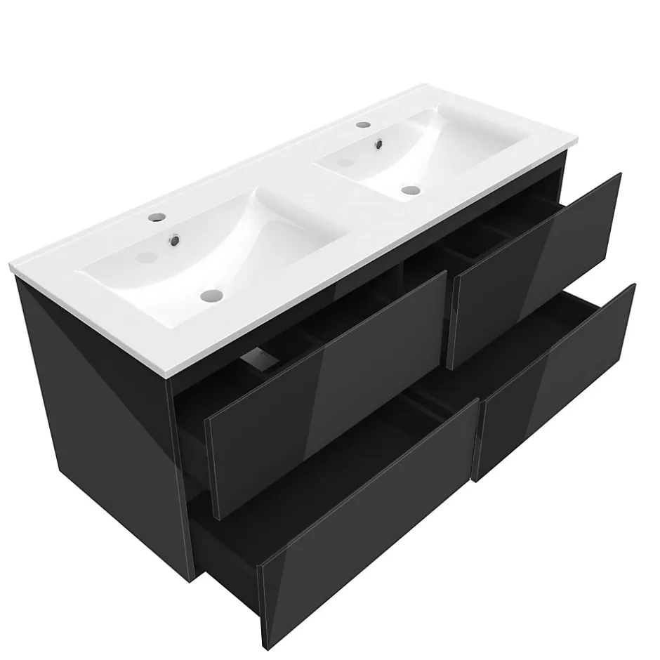 AICA Sanitaire Ensemble meuble salle de bain 120 cm noir brillant avec 4 tiroirs, double lavabo céramique + colonne, suspendu* Ensemble Meuble De Salle De Bains