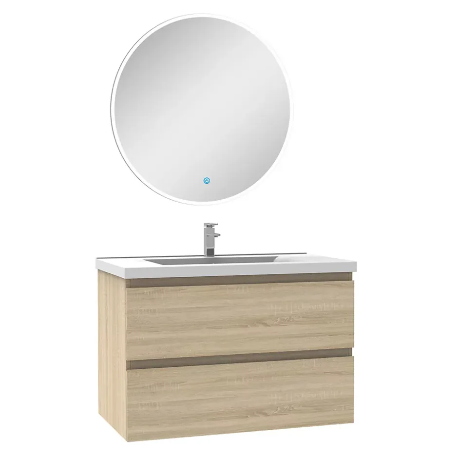 AICA Sanitaire Ensemble meuble Salle de Bain Chêne Wotan 80cm simple vasque + miroir lumineux rond* Ensemble Meuble De Salle De Bains