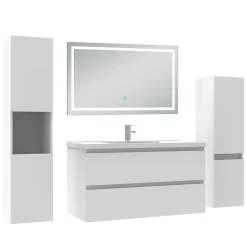 AICA Sanitaire Ensemble meuble Salle de Bain 100cm avec colonne et miroir lumineux 3 couleurs blanc* Ensemble Meuble De Salle De Bains