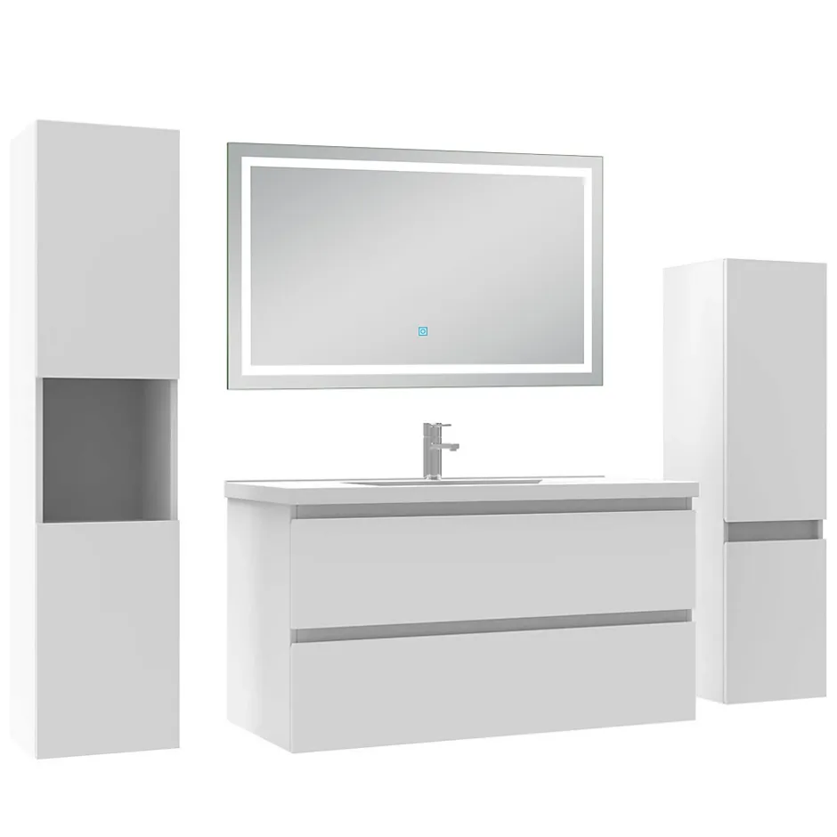 AICA Sanitaire Ensemble meuble Salle de Bain 100cm avec colonne et miroir lumineux 3 couleurs blanc* Ensemble Meuble De Salle De Bains