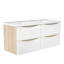 AICA Sanitaire Ensemble Meuble Salle de Bain Suspendu 120cm, Blanc + Chêne, Moderne, Grand Tiroir,