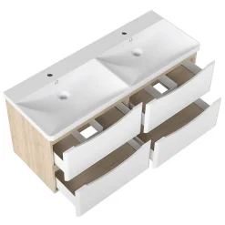 AICA Sanitaire Ensemble Meuble Salle de Bain Suspendu 120cm, Blanc + Chêne, Moderne, Grand Tiroir,