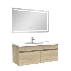 AICA Sanitaire Ensemble meuble Salle de Bain 100cm Chêne Wotan simple vasque + miroir lumineux 3 couleurs + dimmable* Ensemble Meuble De Salle De Bains