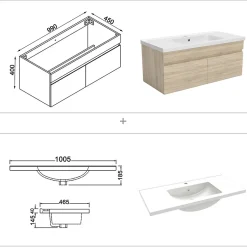 AICA Sanitaire Ensemble meuble Salle de Bain 100cm Chêne Wotan simple vasque + miroir lumineux 3 couleurs + dimmable* Ensemble Meuble De Salle De Bains