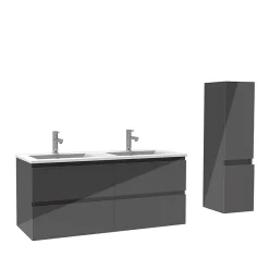 AICA Sanitaire Ensemble meuble salle de bain 120 cm anthracite brillant avec 4 tiroirs, double lavabo céramique + colonne, suspendu* Ensemble Meuble De Salle De Bains