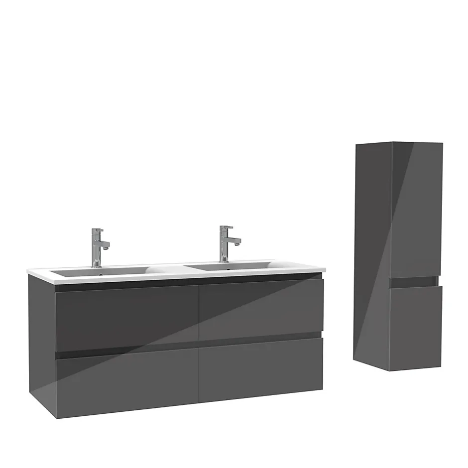 AICA Sanitaire Ensemble meuble salle de bain 120 cm anthracite brillant avec 4 tiroirs, double lavabo céramique + colonne, suspendu* Ensemble Meuble De Salle De Bains