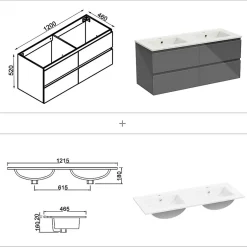 AICA Sanitaire Ensemble meuble salle de bain 120 cm anthracite brillant avec 4 tiroirs, double lavabo céramique + colonne, suspendu* Ensemble Meuble De Salle De Bains