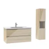 AICA Sanitaire Ensemble meuble salle de bain 100 cm Chêne Wotan brillant avec 2 tiroirs, lavabo céramique simple + colonne haute, suspendu* Ensemble Meuble De Salle De Bains