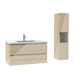 AICA Sanitaire Ensemble meuble salle de bain 100 cm Chêne Wotan brillant avec 2 tiroirs, lavabo céramique simple + colonne haute, suspendu* Ensemble Meuble De Salle De Bains