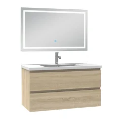 AICA Sanitaire Ensemble meuble Salle de Bain 100cm Chêne Wotan simple vasque et miroir lumineux 3 couleurs et dimmable