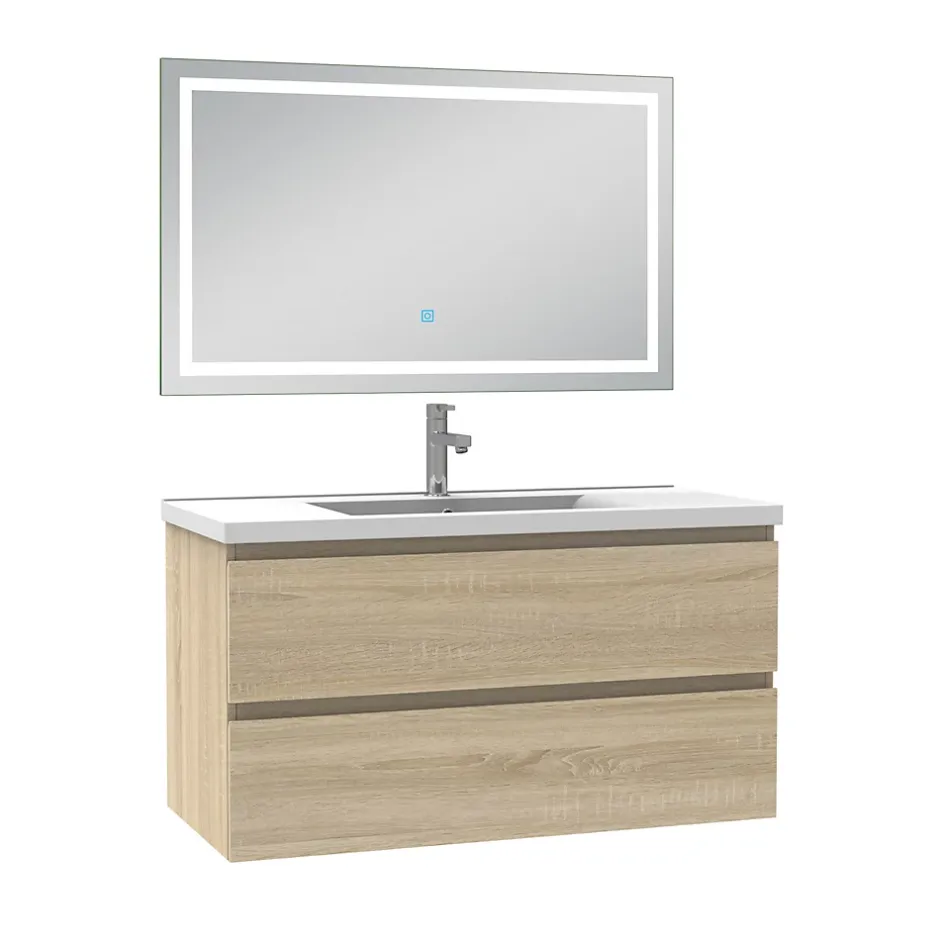 AICA Sanitaire Ensemble meuble Salle de Bain 100cm Chêne Wotan simple vasque et miroir lumineux 3 couleurs et dimmable
