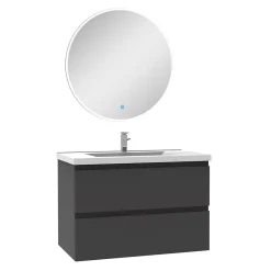 AICA Sanitaire Ensemble meuble Salle de Bain Anthracite 80cm simple vasque + miroir lumineux rond* Ensemble Meuble De Salle De Bains