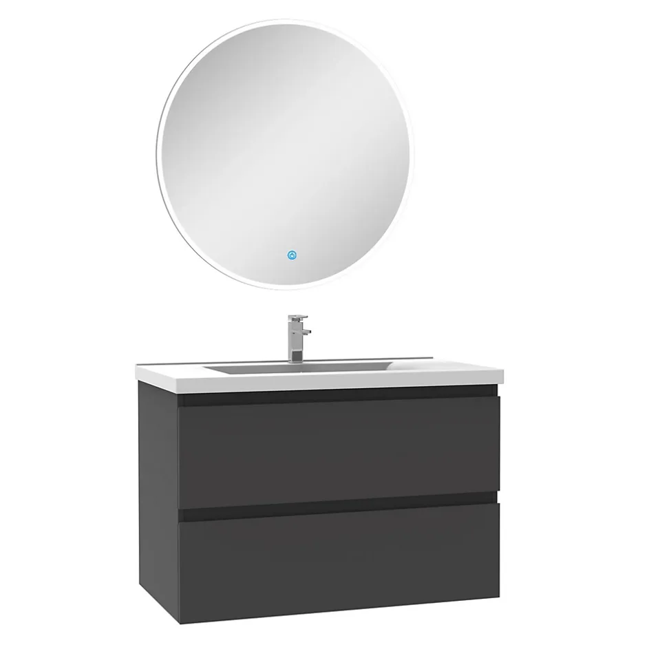 AICA Sanitaire Ensemble meuble Salle de Bain Anthracite 80cm simple vasque + miroir lumineux rond* Ensemble Meuble De Salle De Bains