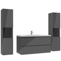 AICA Sanitaire Ensemble meuble salle de bain 100 cm anthracite brillant avec 2 tiroirs, lavabo céramique simple + colonne haute x2, suspendu