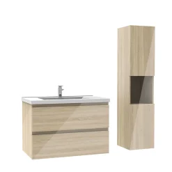 AICA Sanitaire Ensemble meuble salle de bain 80 cm Chêne Wotan brillant avec 2 tiroirs, lavabo céramique simple + colonne haute, suspendu