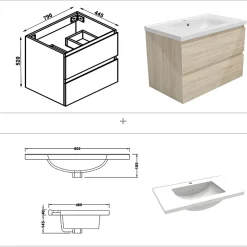 AICA Sanitaire Ensemble meuble salle de bain 80 cm Chêne Wotan brillant avec 2 tiroirs, lavabo céramique simple + colonne haute, suspendu