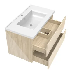AICA Sanitaire Ensemble meuble salle de bain 80 cm Chêne Wotan brillant avec 2 tiroirs, lavabo céramique simple + colonne haute, suspendu