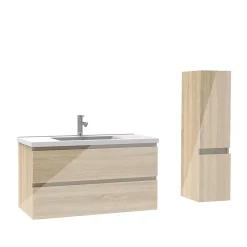 AICA Sanitaire Ensemble meuble salle de bain 100 cm Chêne Wotan brillant avec 2 tiroirs, lavabo céramique simple + colonne, suspendu