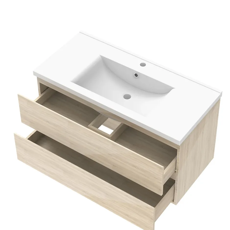 AICA Sanitaire Ensemble meuble salle de bain 100 cm Chêne Wotan brillant avec 2 tiroirs, lavabo céramique simple + colonne, suspendu