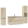 AICA Sanitaire Ensemble meuble salle de bain 100 cm Chêne Wotan brillant avec 2 tiroirs, lavabo céramique simple + deux colonnes, suspendu* Ensemble Meuble De Salle De Bains
